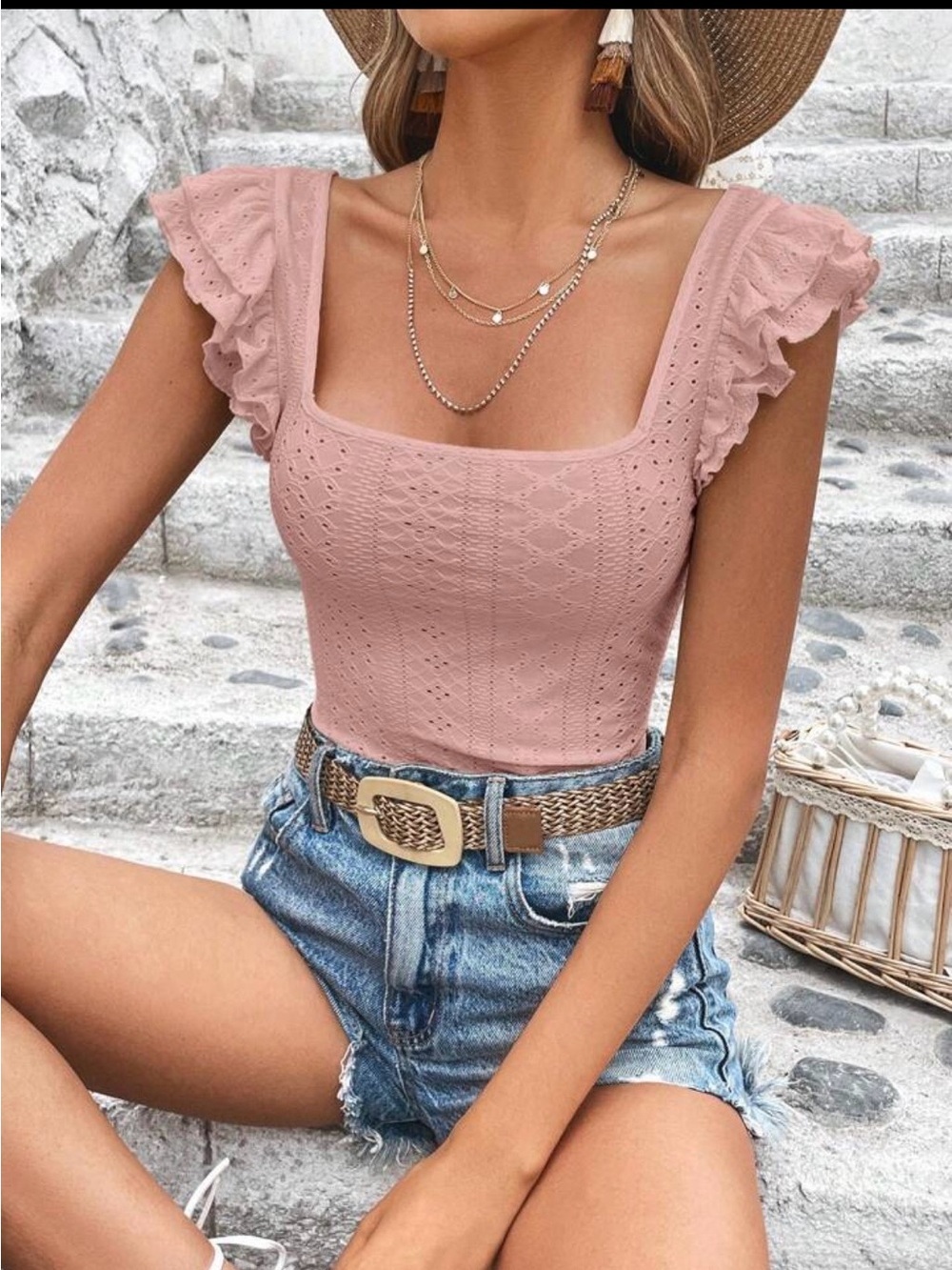 SHEIN Blush Pink Square Neck Ruffle Sleeve Knit top